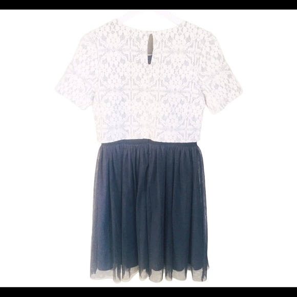 NWT WESTON (Anthro) Laced Twofer Tulle Dress With Cap Sleeve Ivory/Navy Blue S - Picture 12 of 13